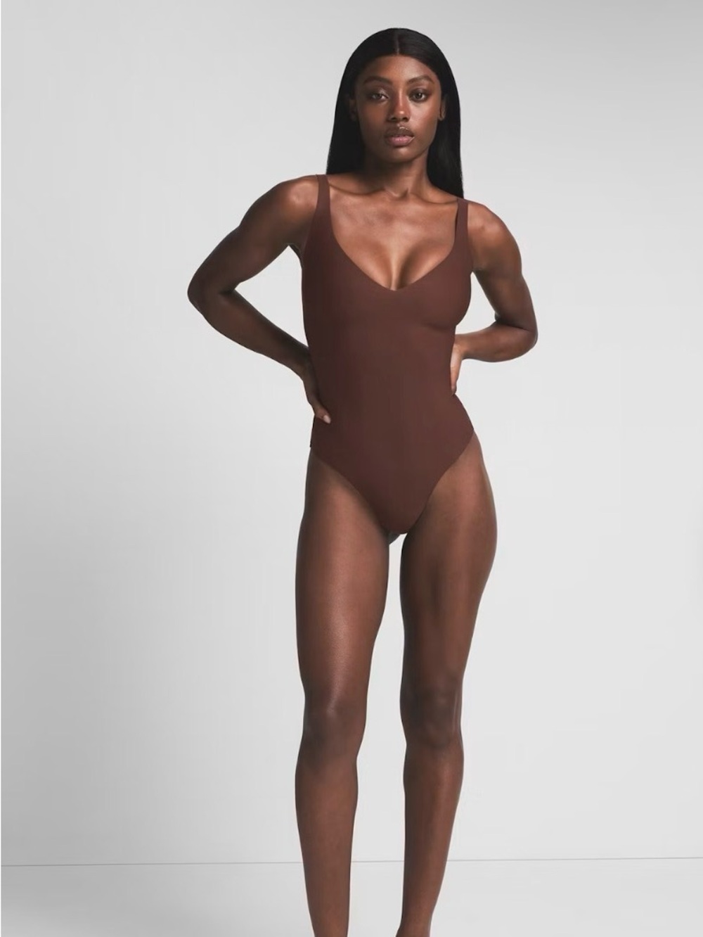 SKIMS Chocolate Brown V-Neck One-Piece Bodysuit